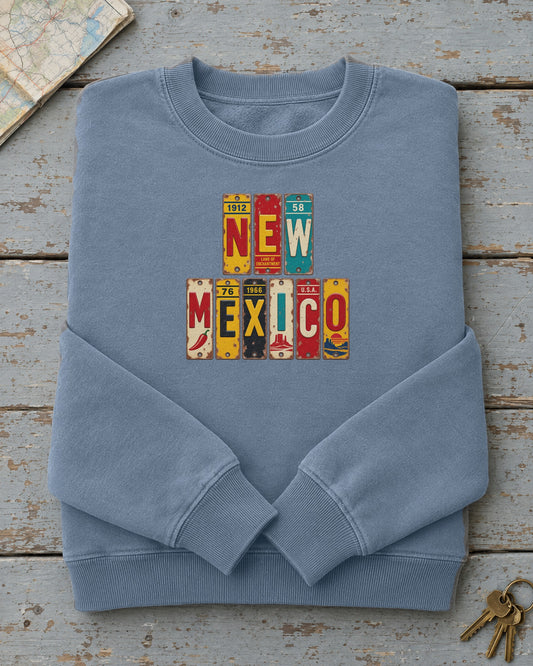 New Mexico vintage license plate sweatshirt in Blue Jean