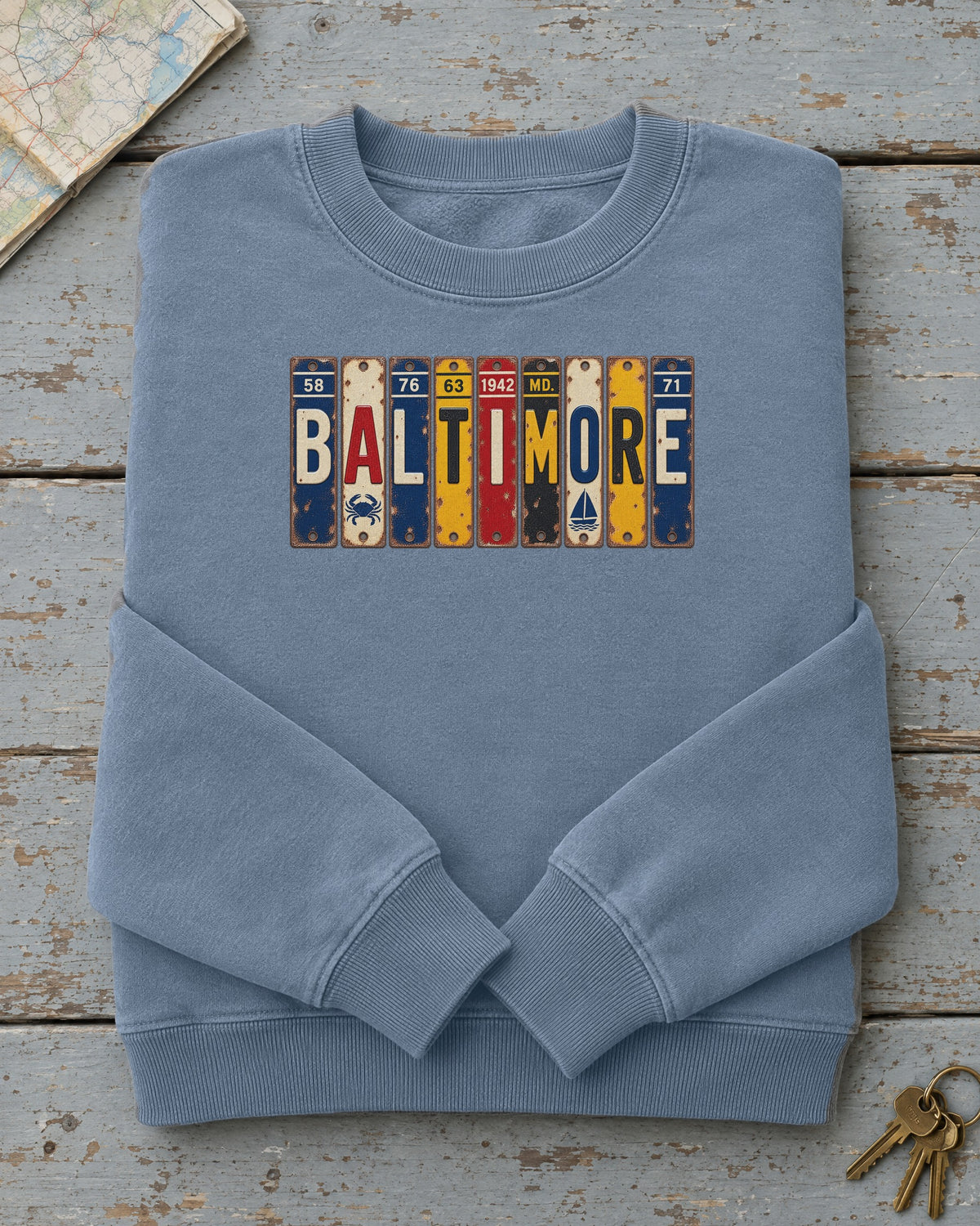 Baltimore, Maryland vintage license plate sweatshirt in Blue Jean