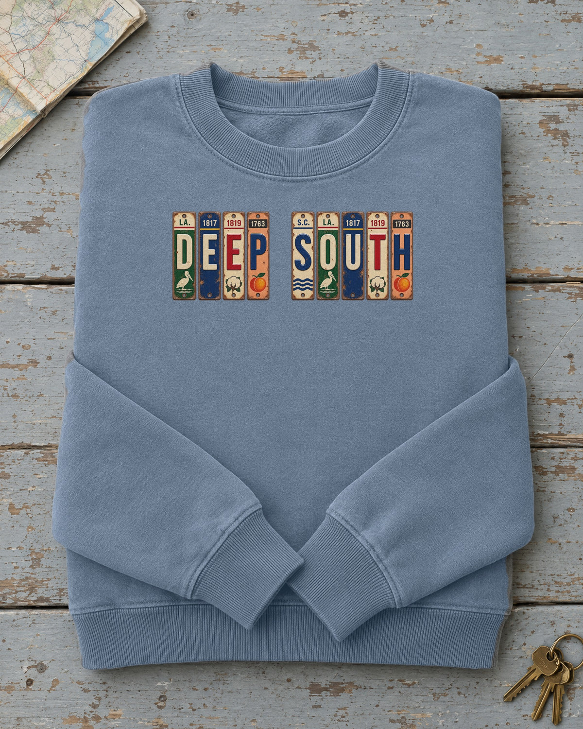 Deep South vintage license plate sweatshirt in Blue Jean