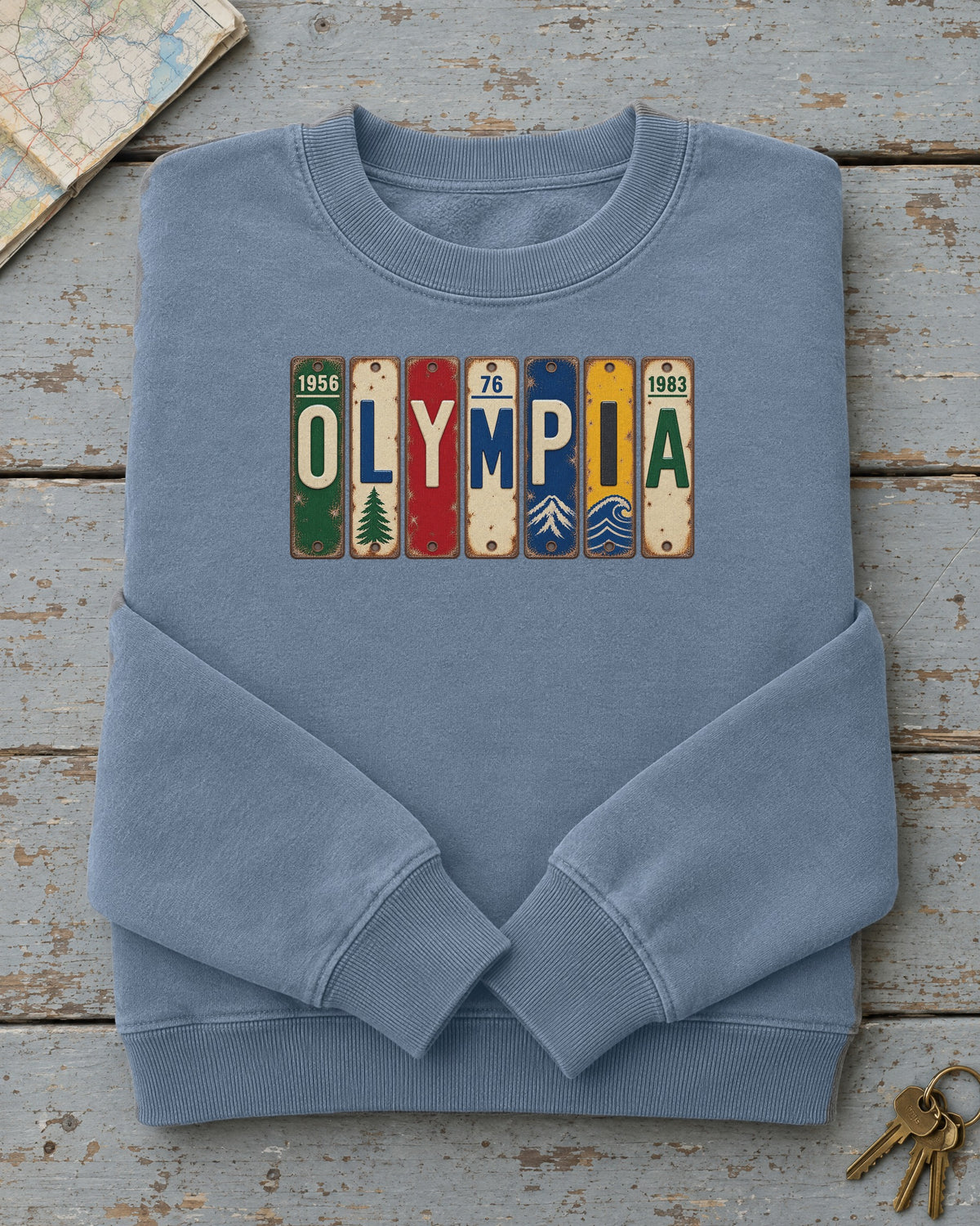 Olympia, Washington vintage license plate sweatshirt in Blue Jean
