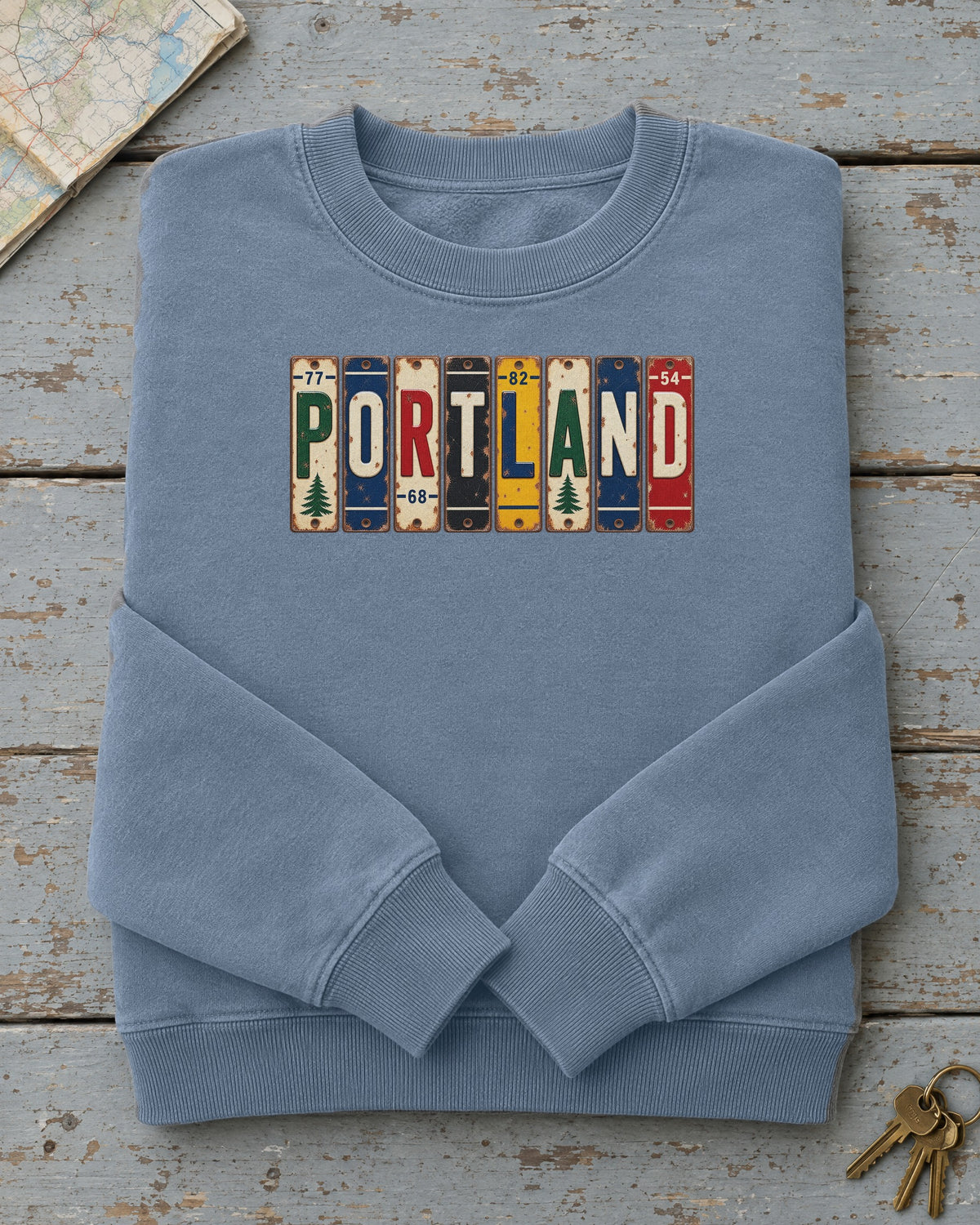 Portland, Maine vintage license plate sweatshirt in Blue Jean