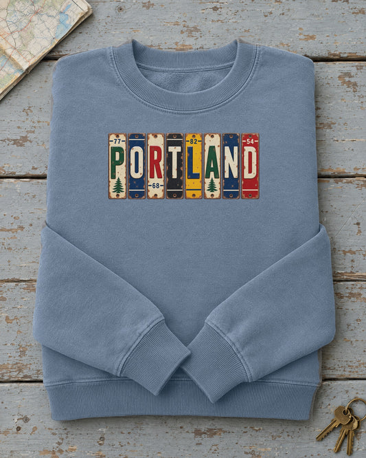 Portland, Maine vintage license plate sweatshirt in Blue Jean