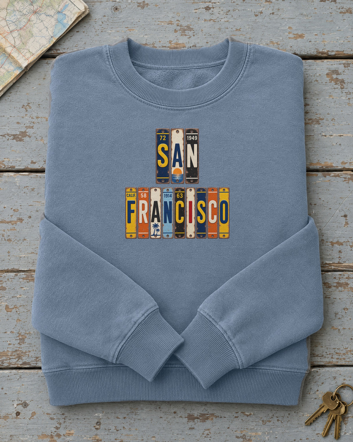 San Francisco, California vintage license plate sweatshirt in Blue Jean