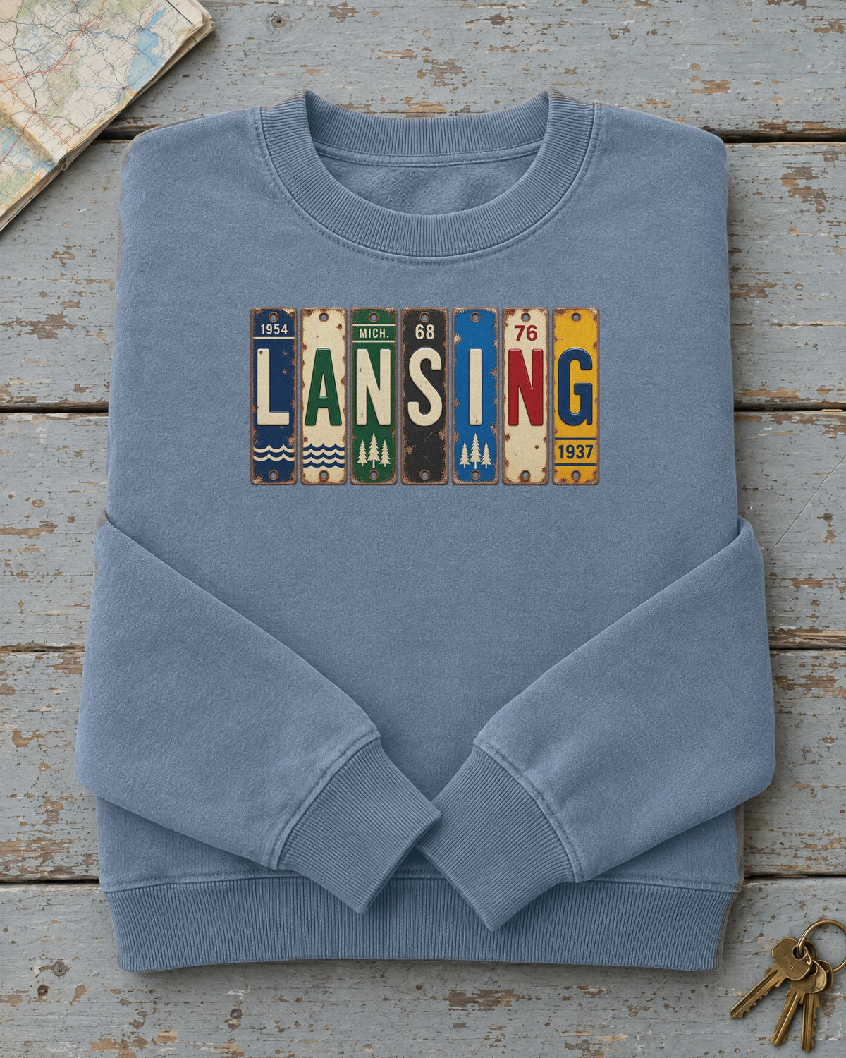 Lansing, Michigan vintage license plate sweatshirt in Blue Jean
