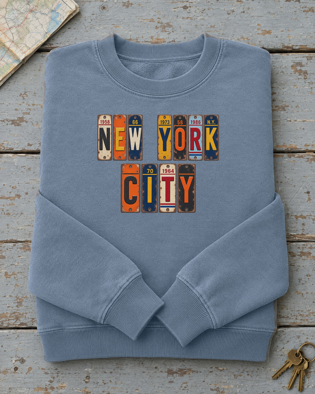New York City, New York vintage license plate sweatshirt in Blue Jean