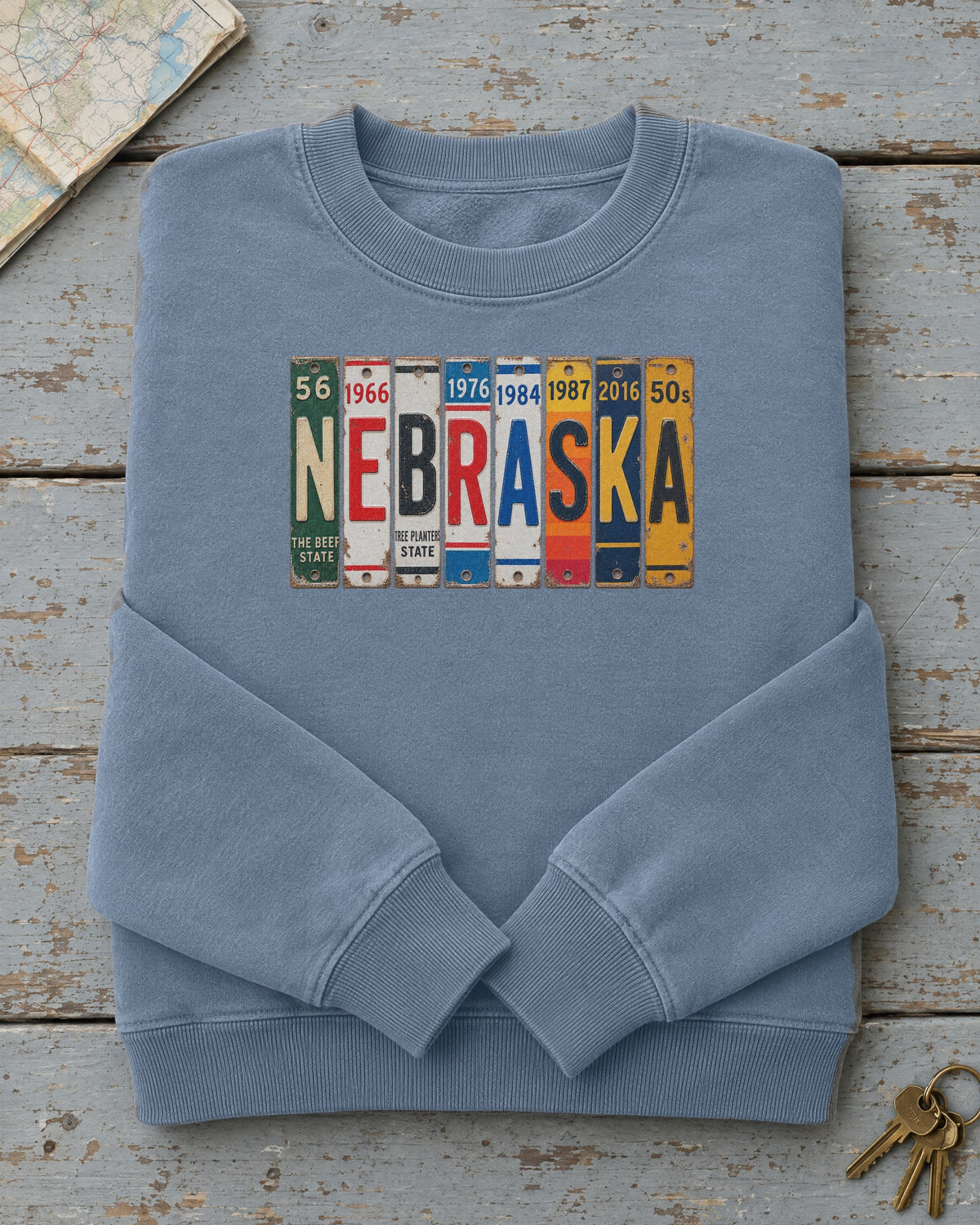 Nebraska vintage license plate sweatshirt in Blue Jean