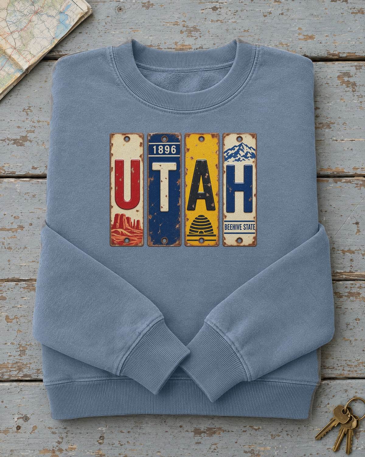 Utah vintage license plate sweatshirt in Blue Jean