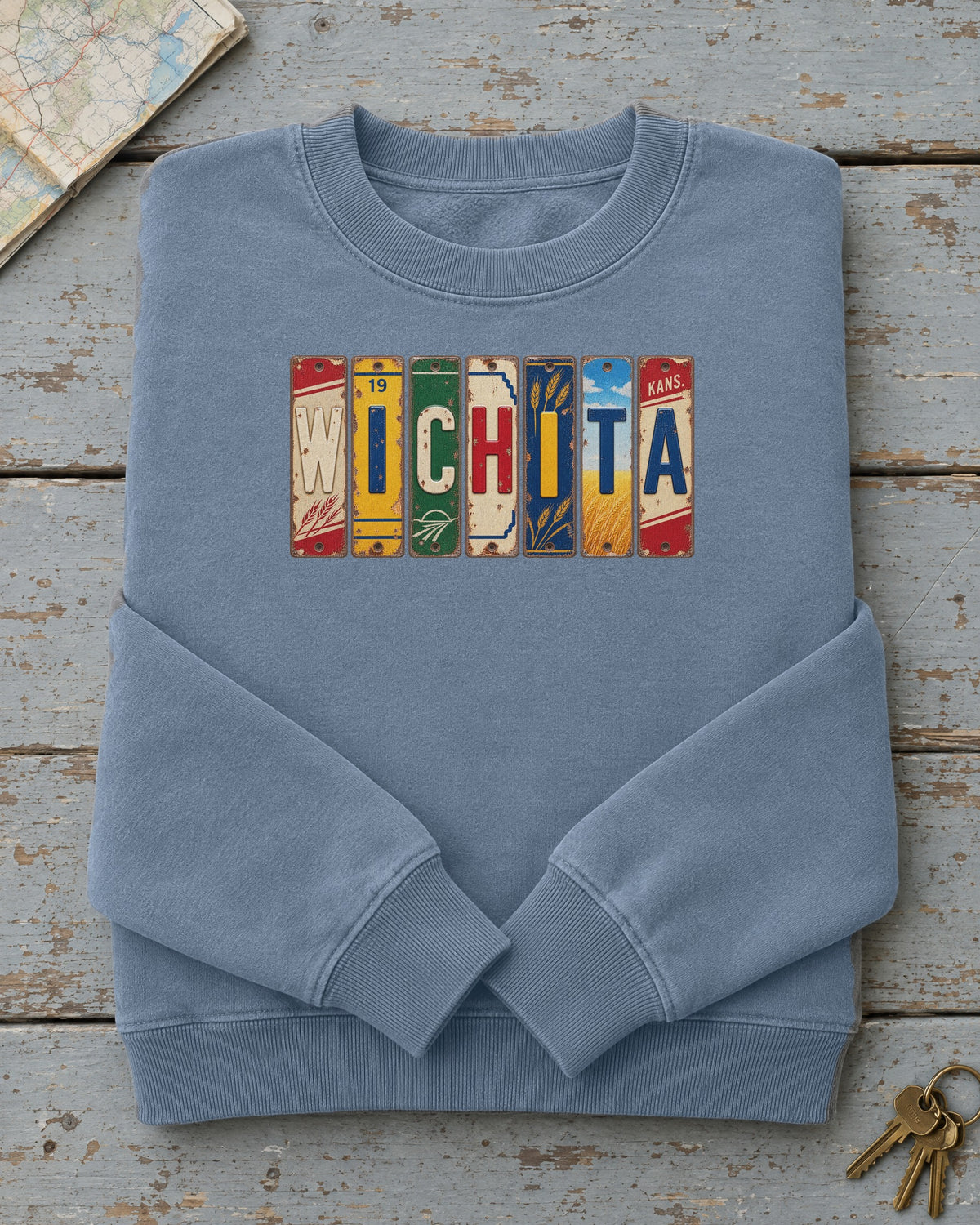 Wichita, Kansas vintage license plate sweatshirt in Blue Jean