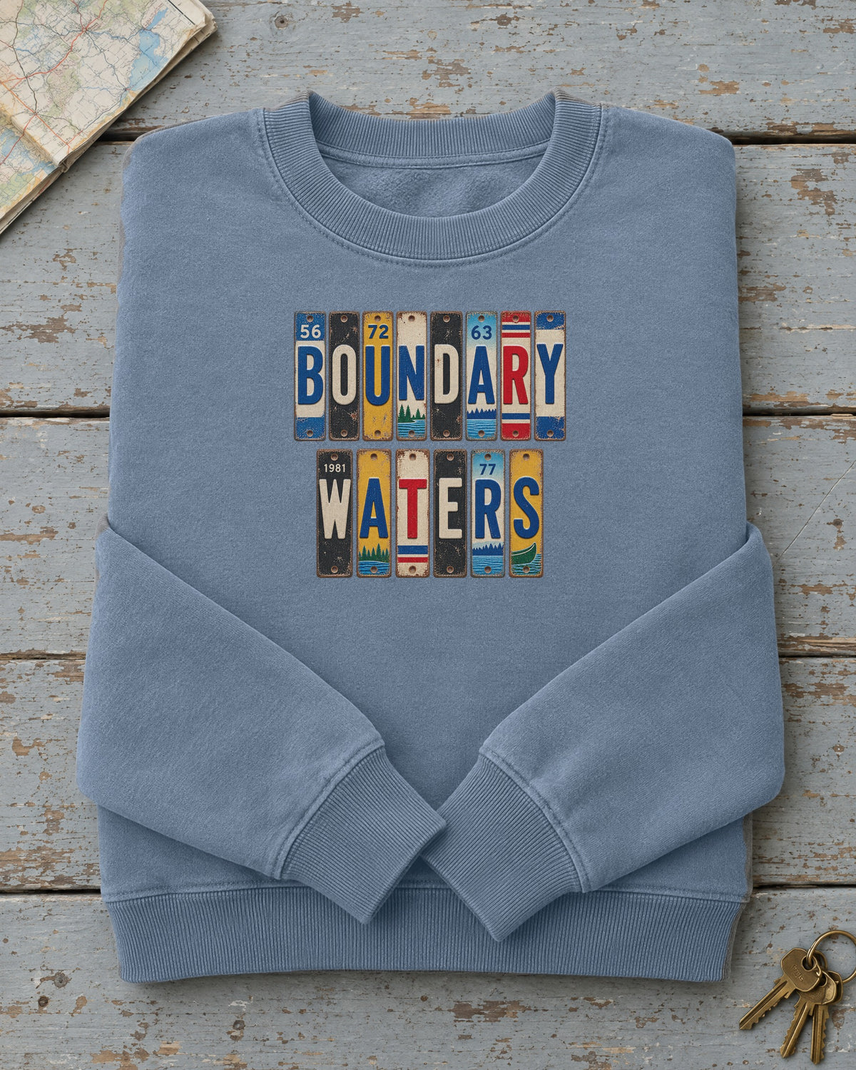 Boundary Waters, Minnesota vintage license plate sweatshirt in Blue Jean