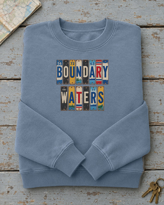 Boundary Waters, Minnesota vintage license plate sweatshirt in Blue Jean