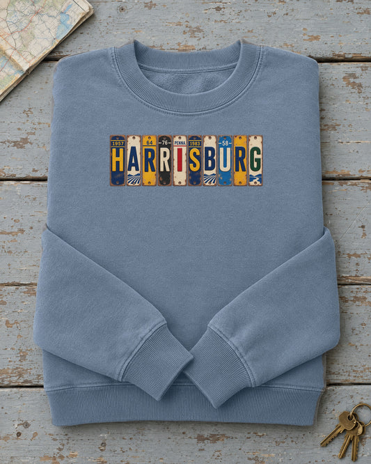 Harrisburg, Pennsylvania vintage license plate sweatshirt in Blue Jean