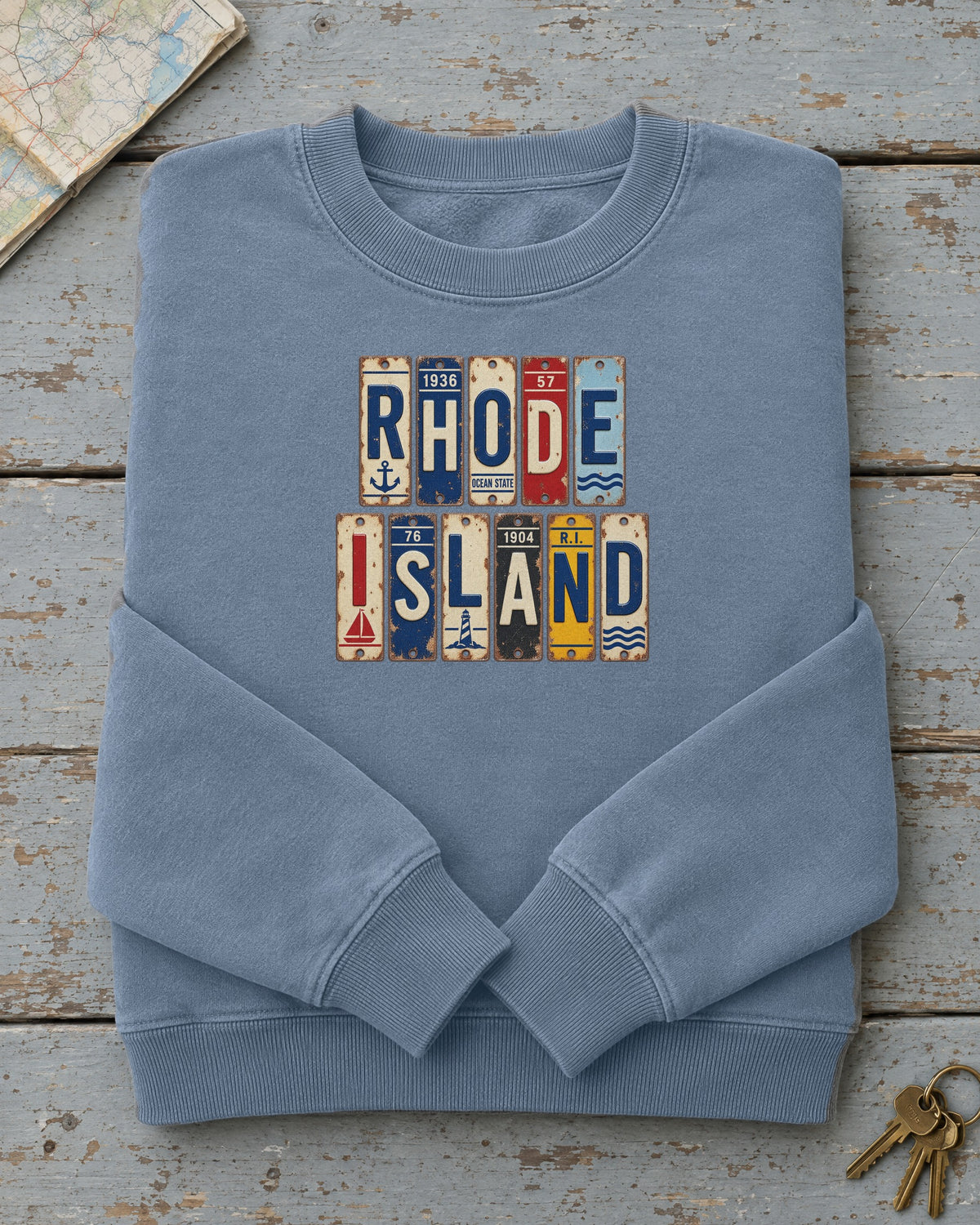 Rhode Island vintage license plate sweatshirt in Blue Jean