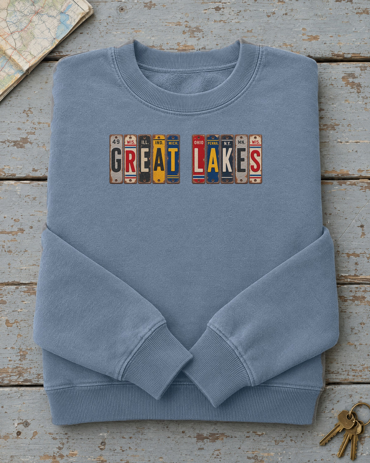 Great Lakes vintage license plate sweatshirt in Blue Jean