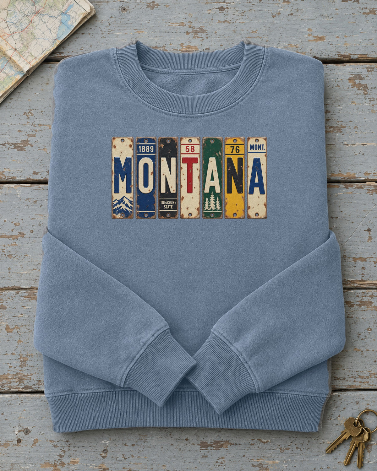 Montana vintage license plate sweatshirt in Blue Jean