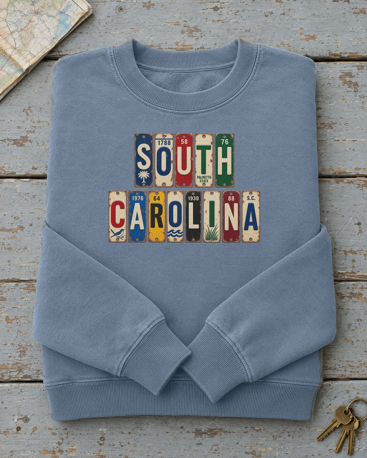 South Carolina vintage license plate sweatshirt in Blue Jean