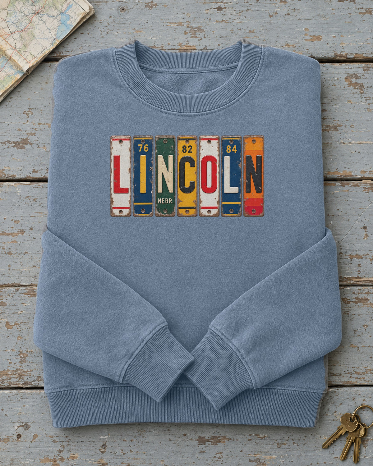 Lincoln, Nebraska vintage license plate sweatshirt in Blue Jean