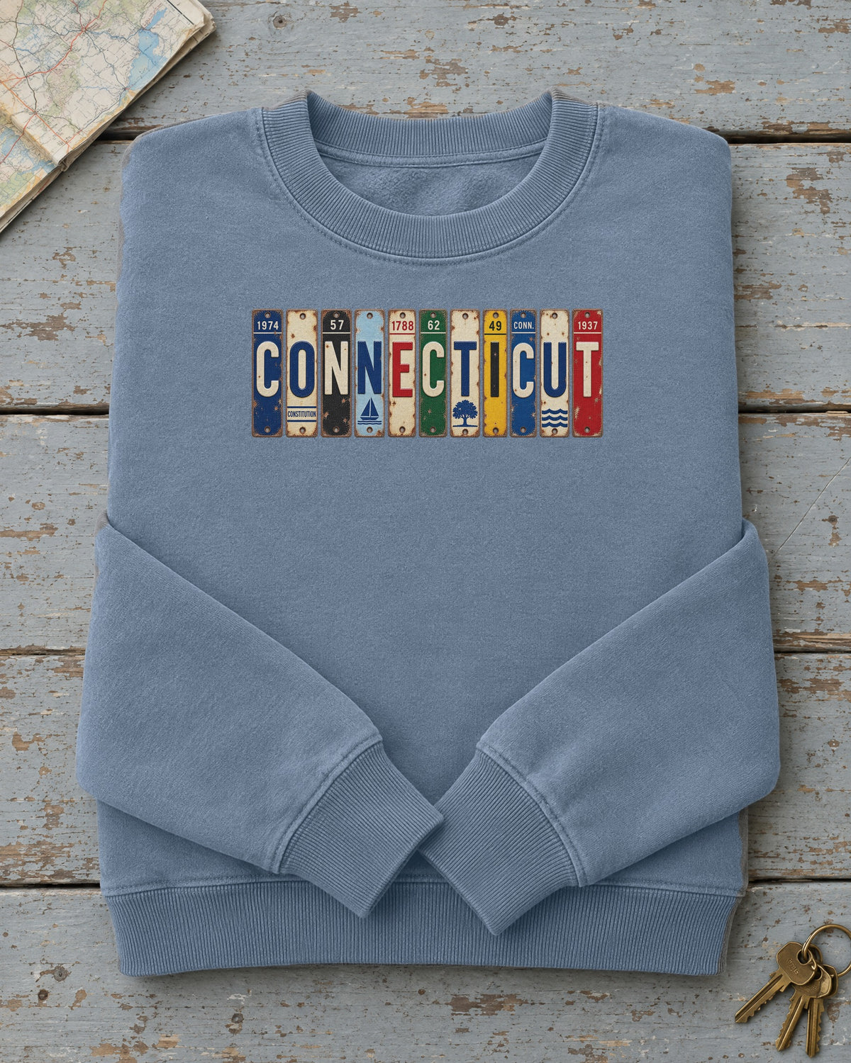 Connecticut vintage license plate sweatshirt in Blue Jean
