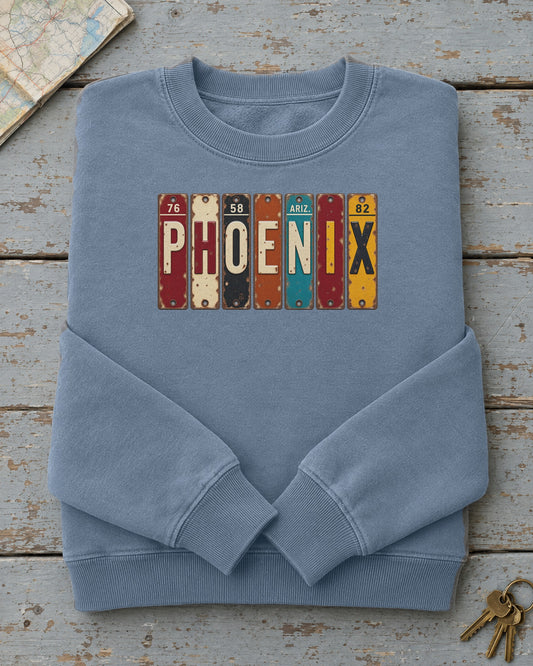 Phoenix, Arizona vintage license plate sweatshirt in Blue Jean
