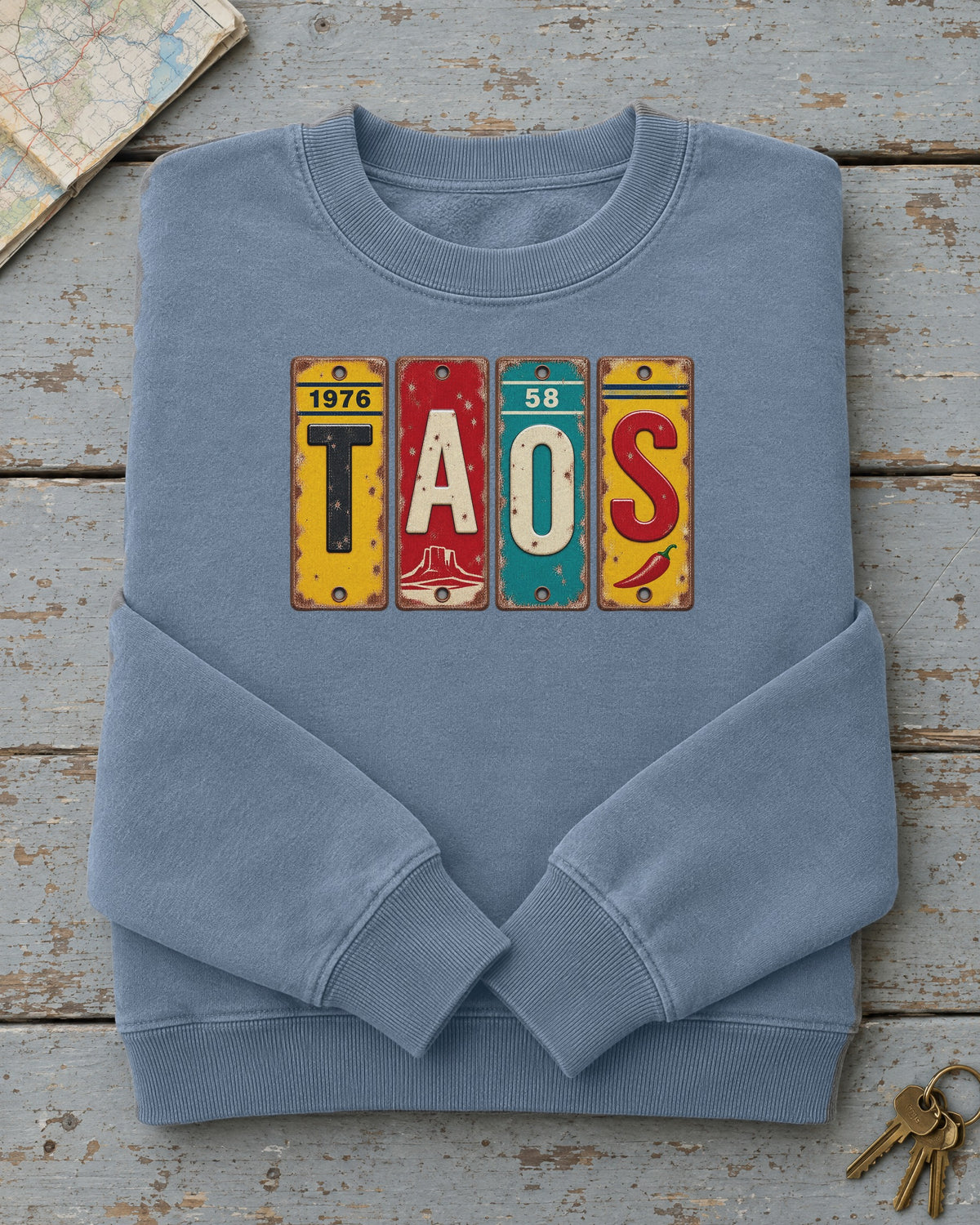 Taos, New Mexico vintage license plate sweatshirt in Blue Jean