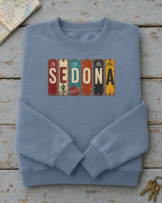 Sedona, Arizona vintage license plate sweatshirt in Blue Jean