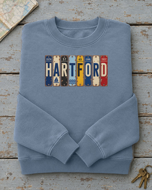 Hartford, Connecticut vintage license plate sweatshirt in Blue Jean