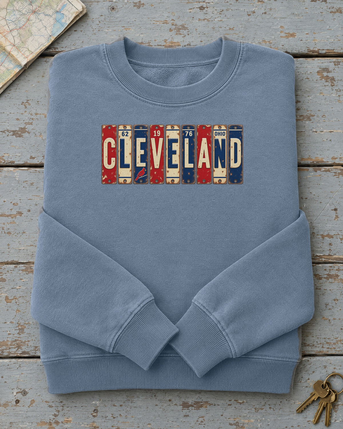 Cleveland, Ohio vintage license plate sweatshirt in Blue Jean