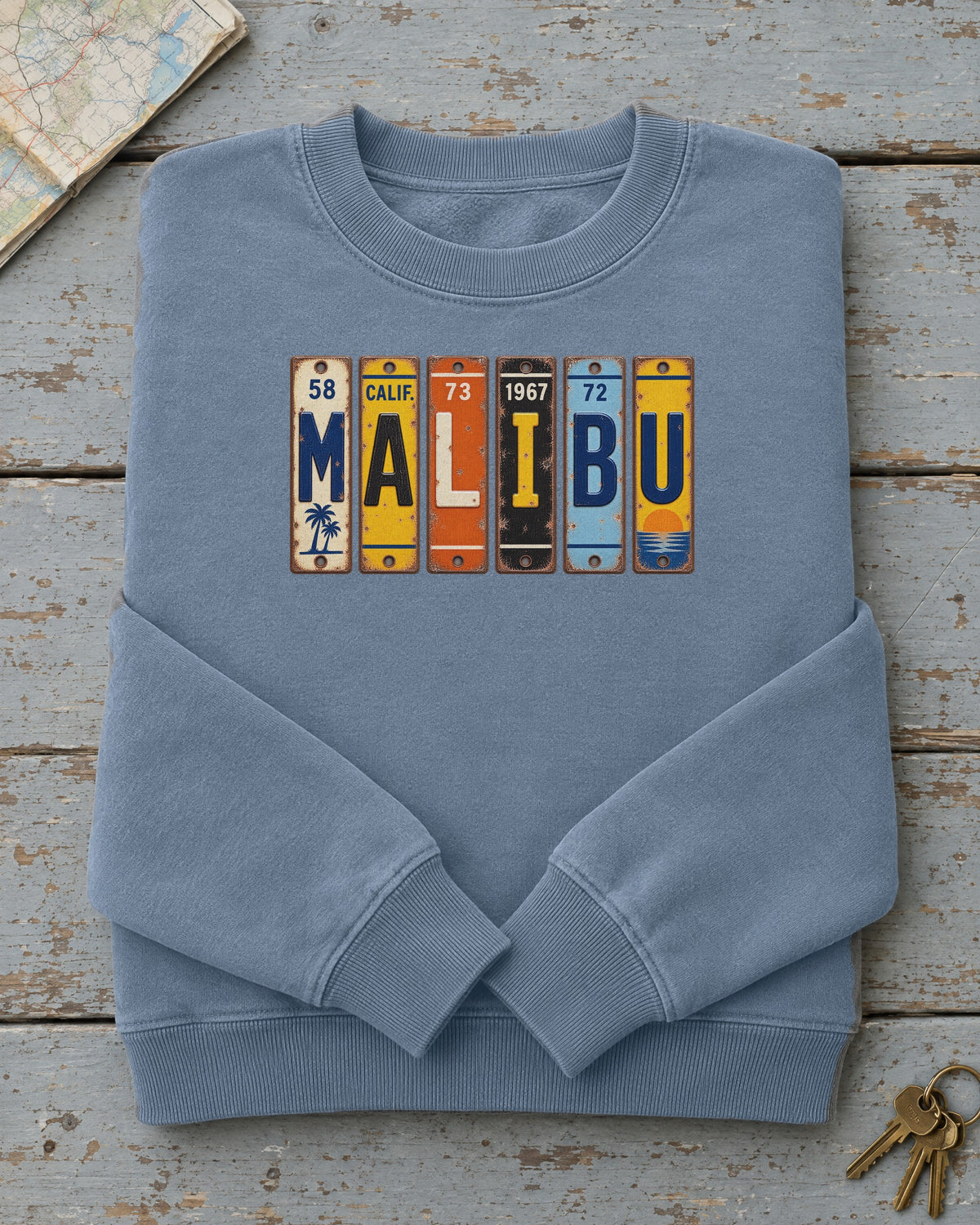 Malibu, California vintage license plate sweatshirt in Blue Jean