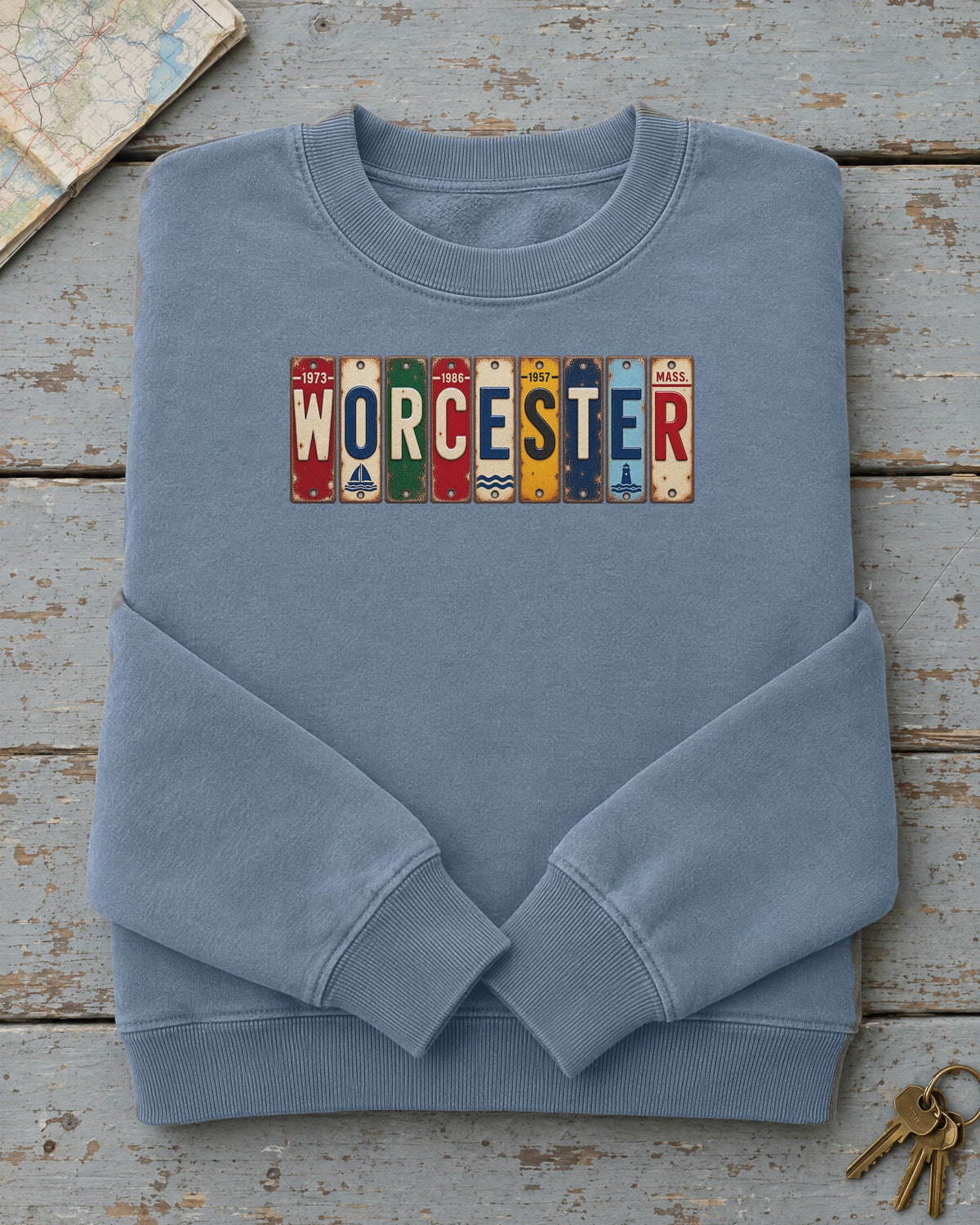 Worcester, Massachusetts vintage license plate sweatshirt in Blue Jean