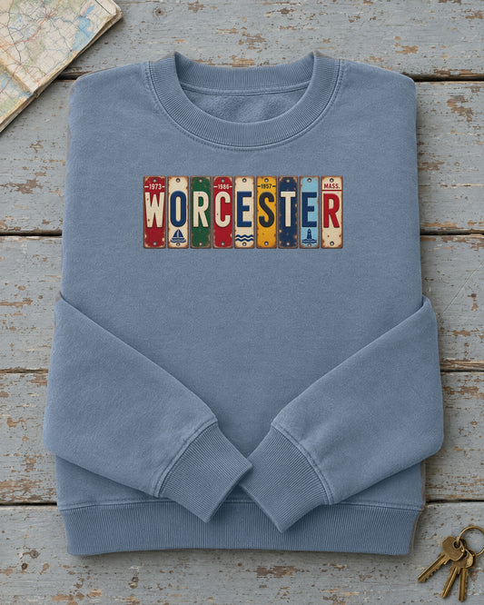 Worcester, Massachusetts vintage license plate sweatshirt in Blue Jean