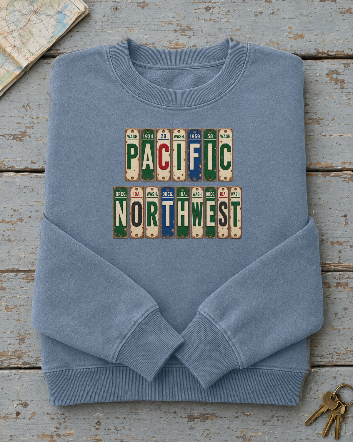 Pacific Northwest vintage license plate sweatshirt in Blue Jean