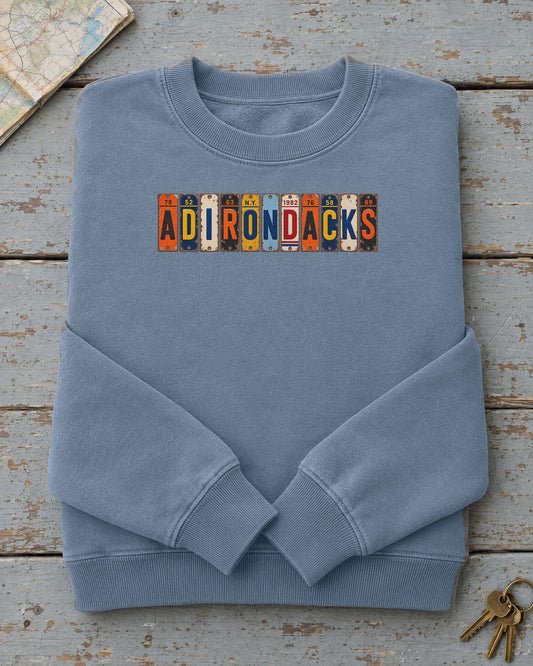 Adirondacks, New York vintage license plate sweatshirt in Blue Jean