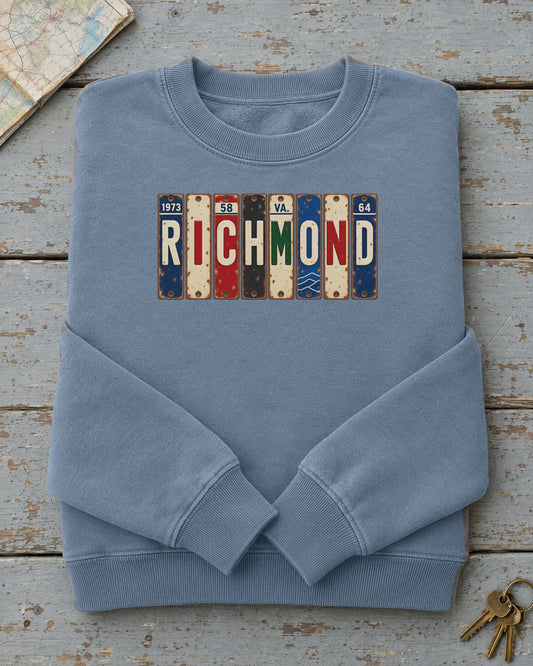 Richmond, Virginia vintage license plate sweatshirt in Blue Jean