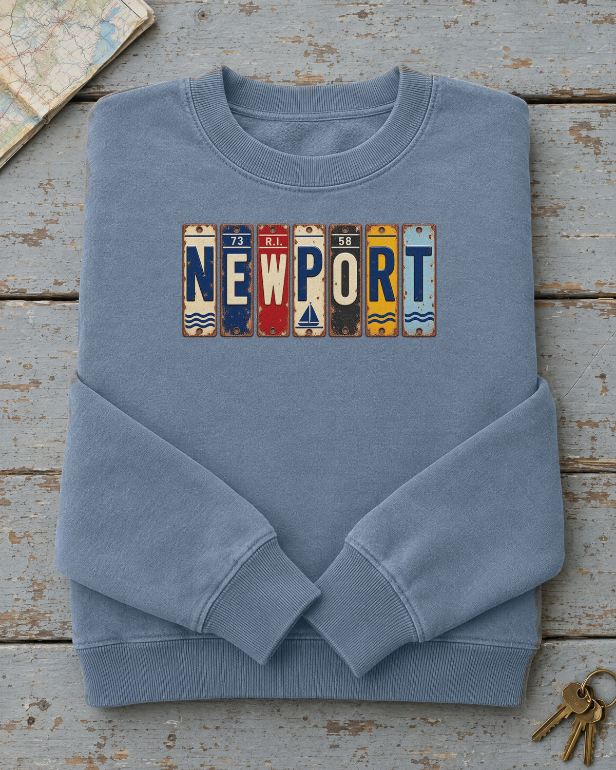 Newport, Rhode Island vintage license plate sweatshirt in Blue Jean