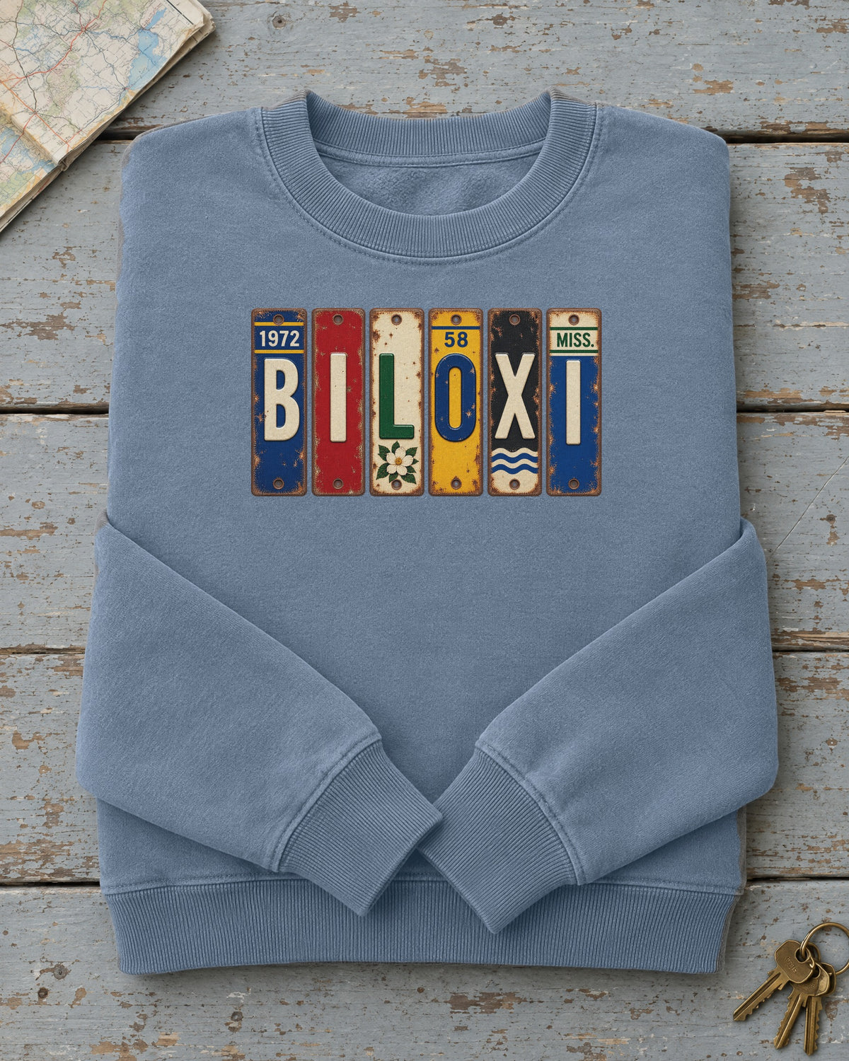 Biloxi, Mississippi vintage license plate sweatshirt in Blue Jean