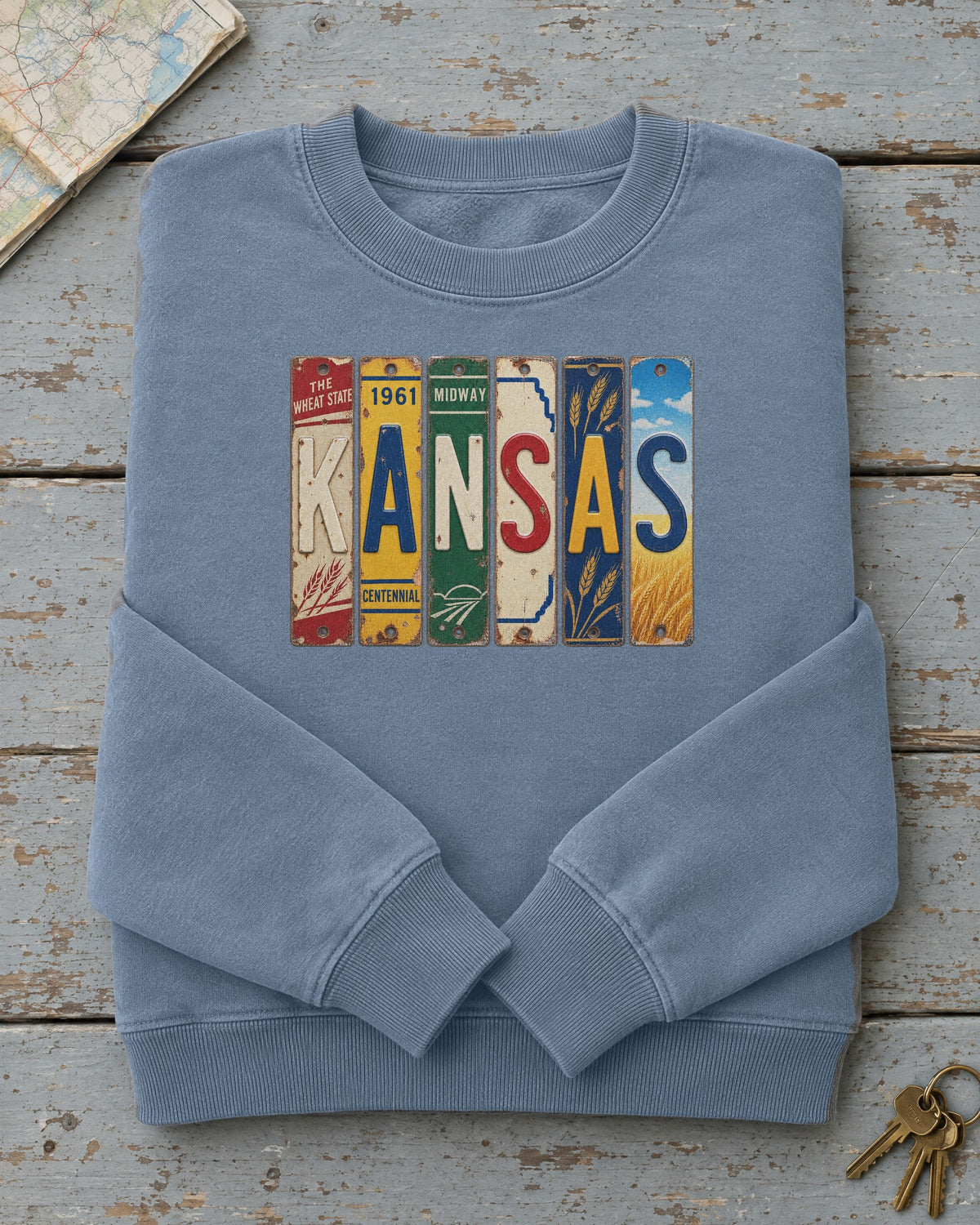 Kansas vintage license plate sweatshirt in Blue Jean