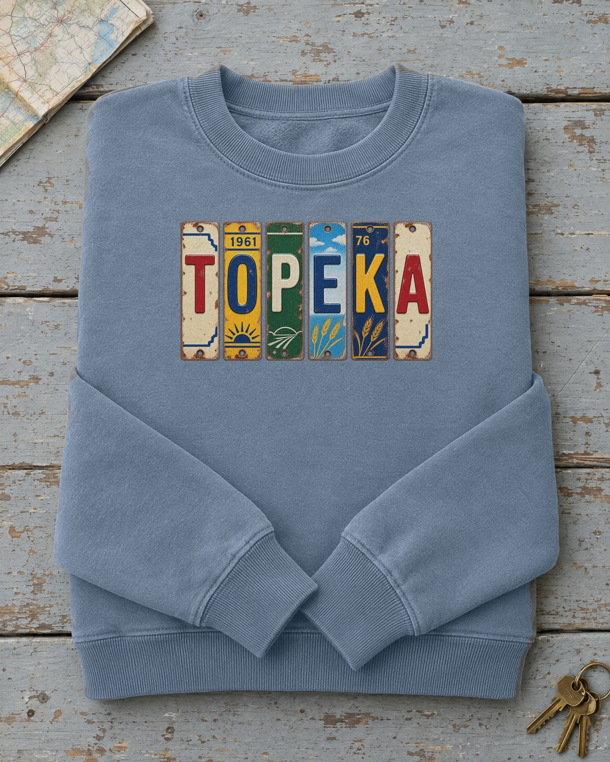 Topeka, Kansas vintage license plate sweatshirt in Blue Jean