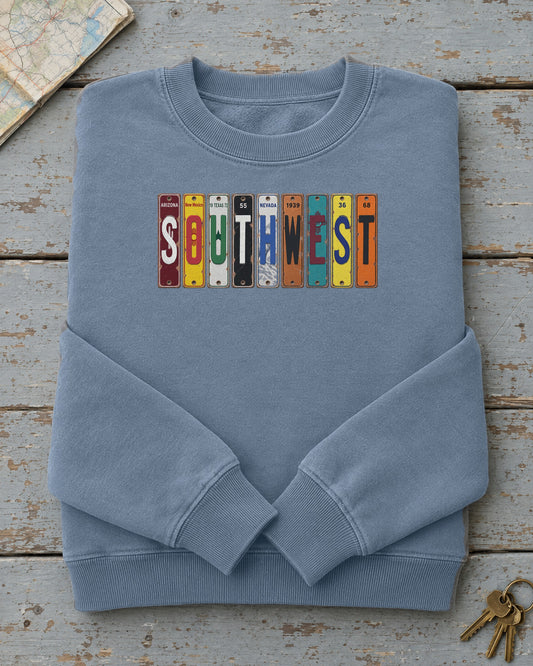 Southwest vintage license plate sweatshirt in Blue Jean