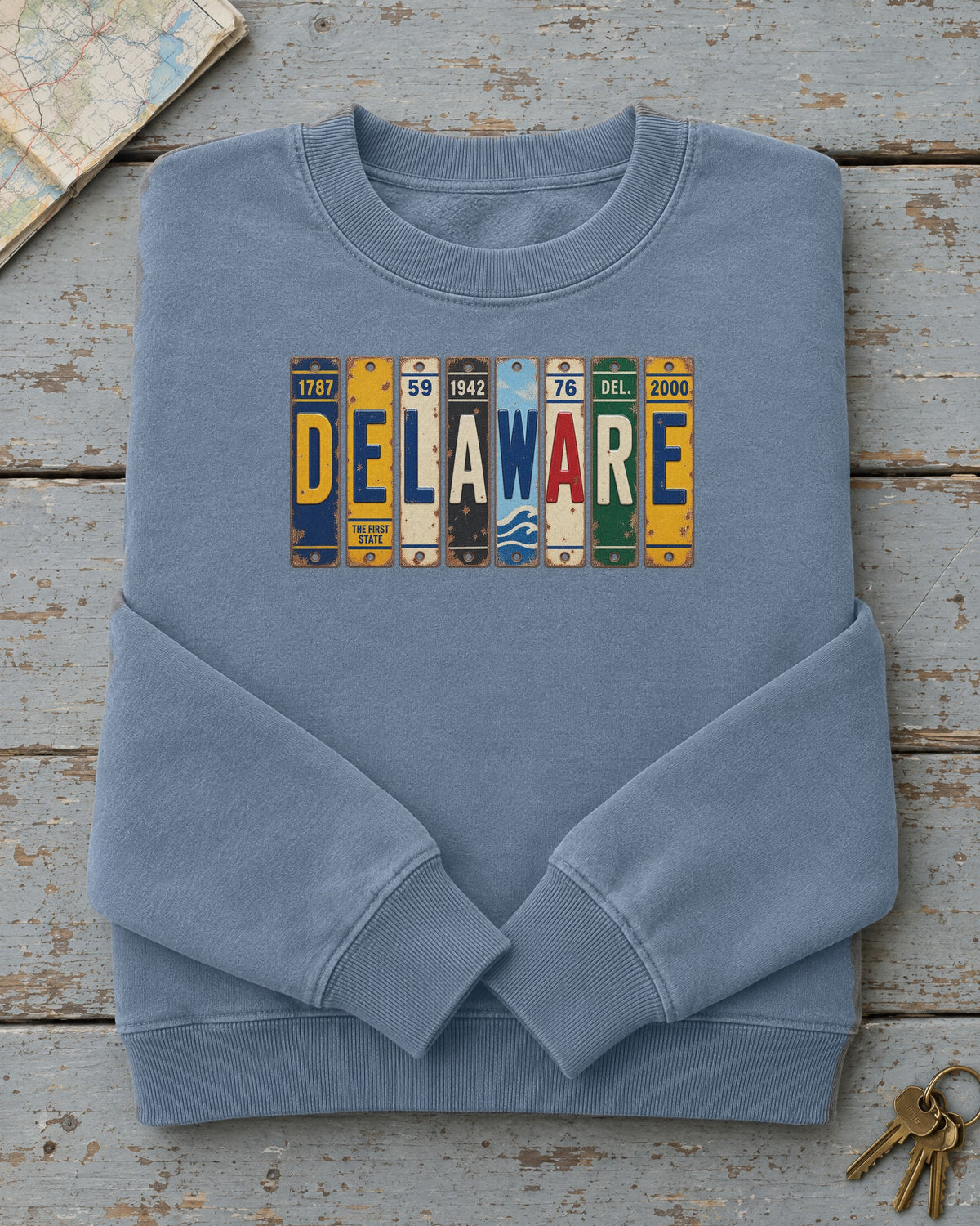 Delaware vintage license plate sweatshirt in Blue Jean