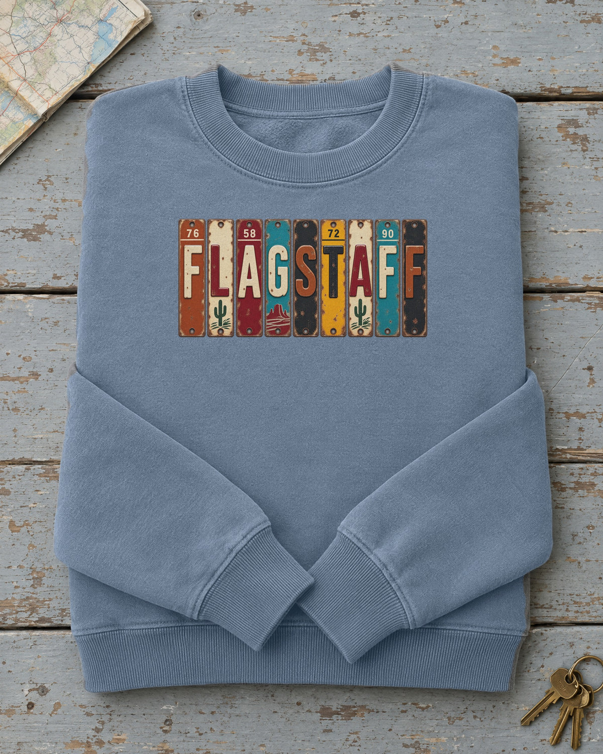 Flagstaff, Arizona vintage license plate sweatshirt in Blue Jean