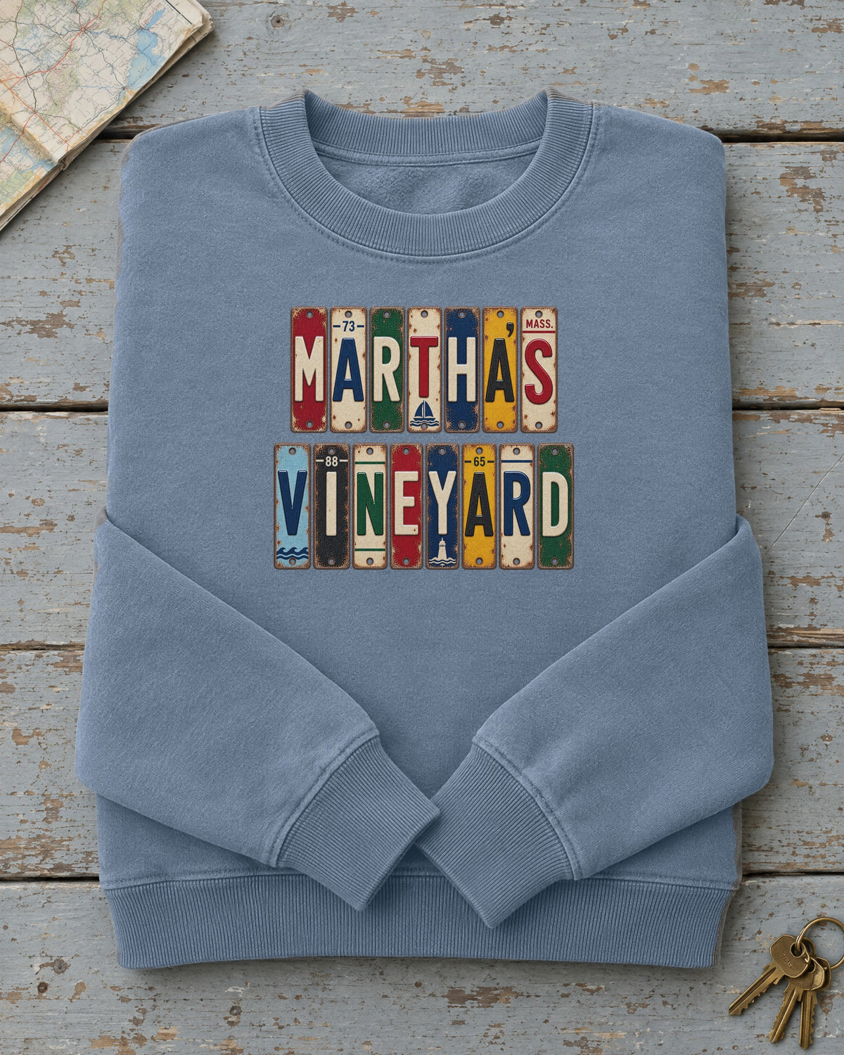 Martha's Vineyard, Massachusetts vintage license plate sweatshirt in Blue Jean