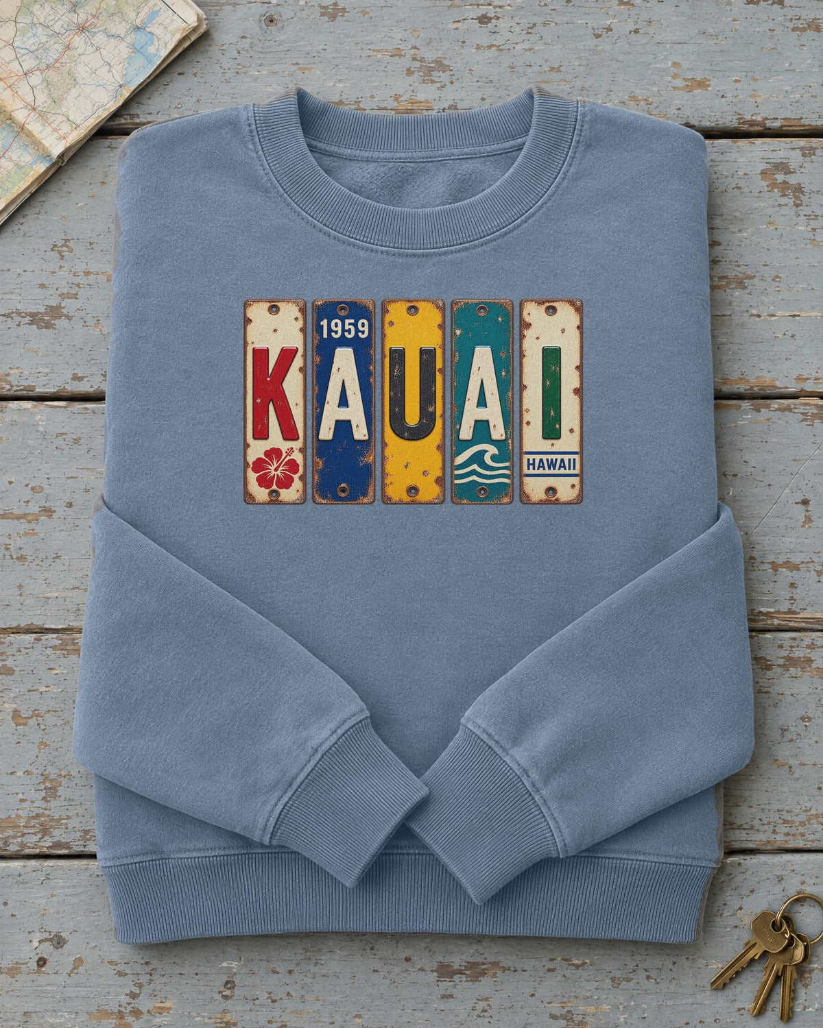Kauai, Hawaii vintage license plate sweatshirt in Blue Jean