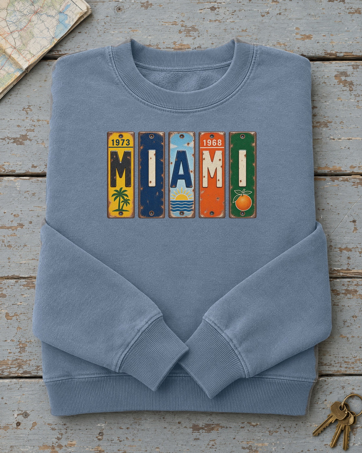 Miami, Florida vintage license plate sweatshirt in Blue Jean