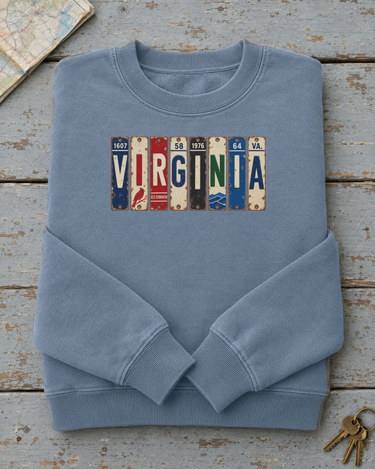 Virginia vintage license plate sweatshirt in Blue Jean
