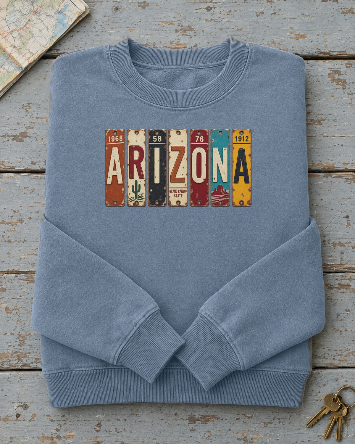 Arizona vintage license plate sweatshirt in Blue Jean