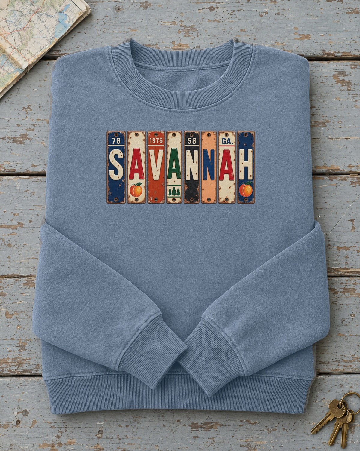 Savannah, Georgia vintage license plate sweatshirt in Blue Jean