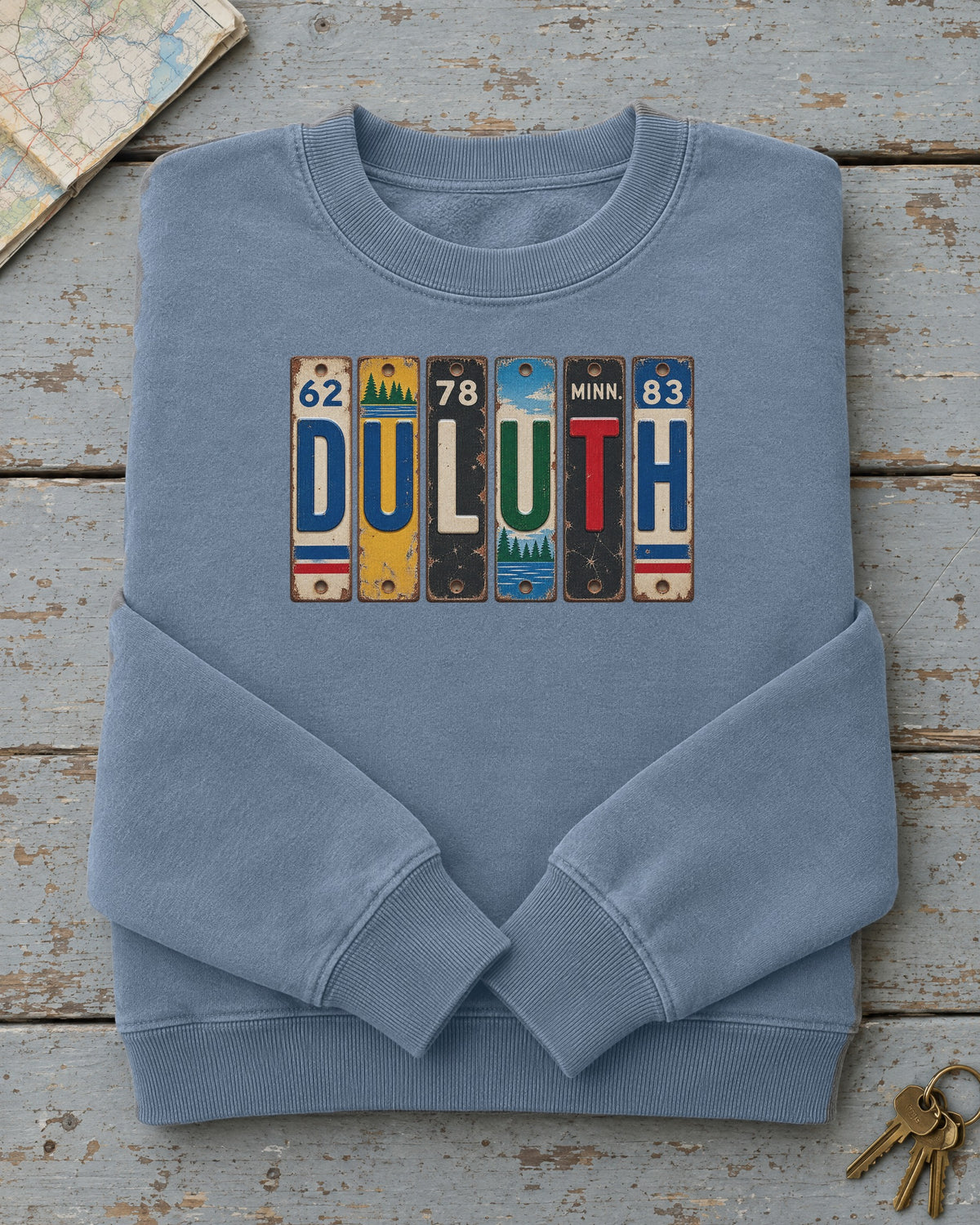 Duluth, Minnesota vintage license plate sweatshirt in Blue Jean