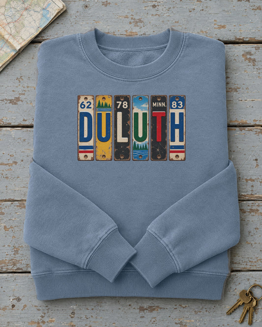 Duluth, Minnesota vintage license plate sweatshirt in Blue Jean