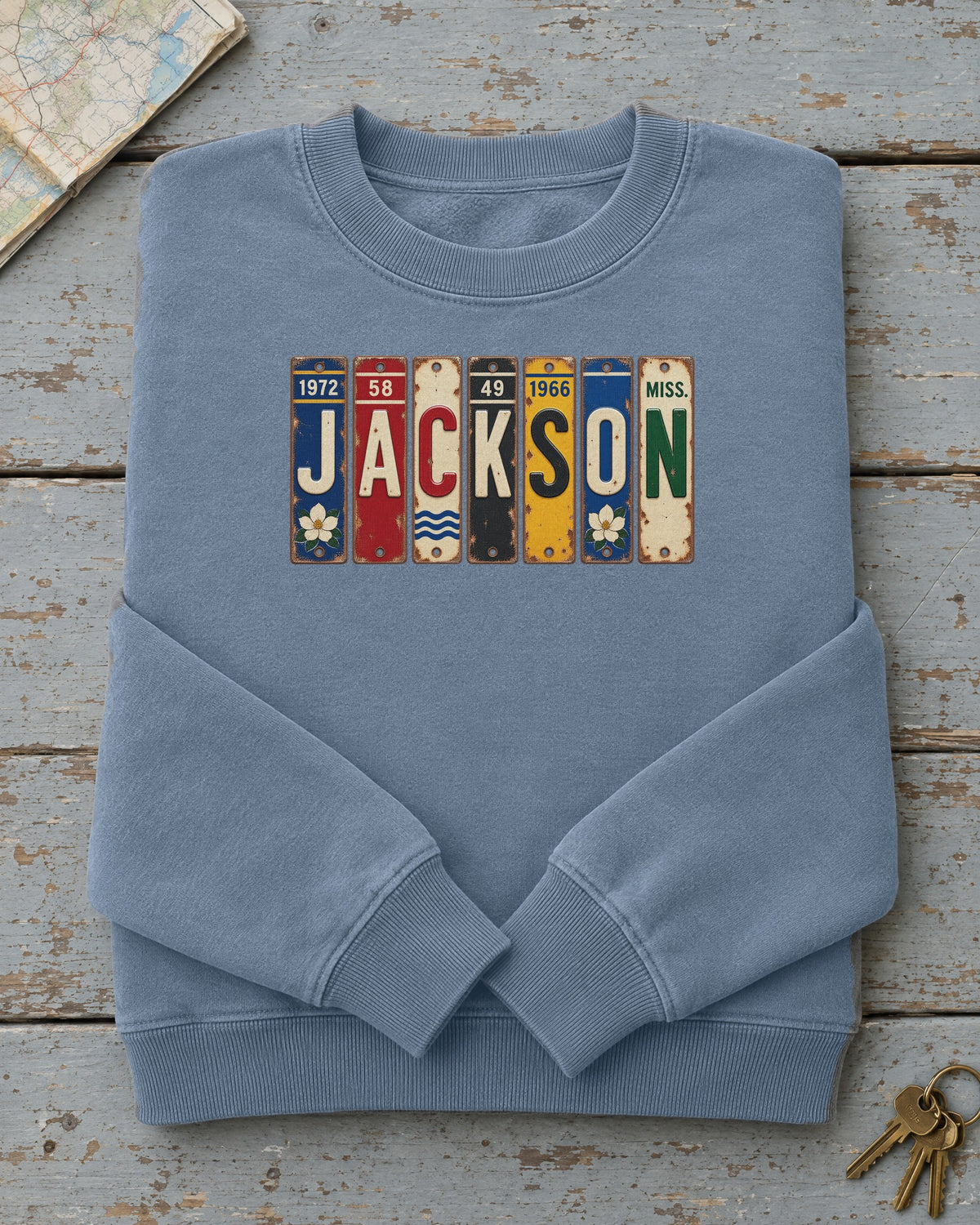 Jackson, Mississippi vintage license plate sweatshirt in Blue Jean