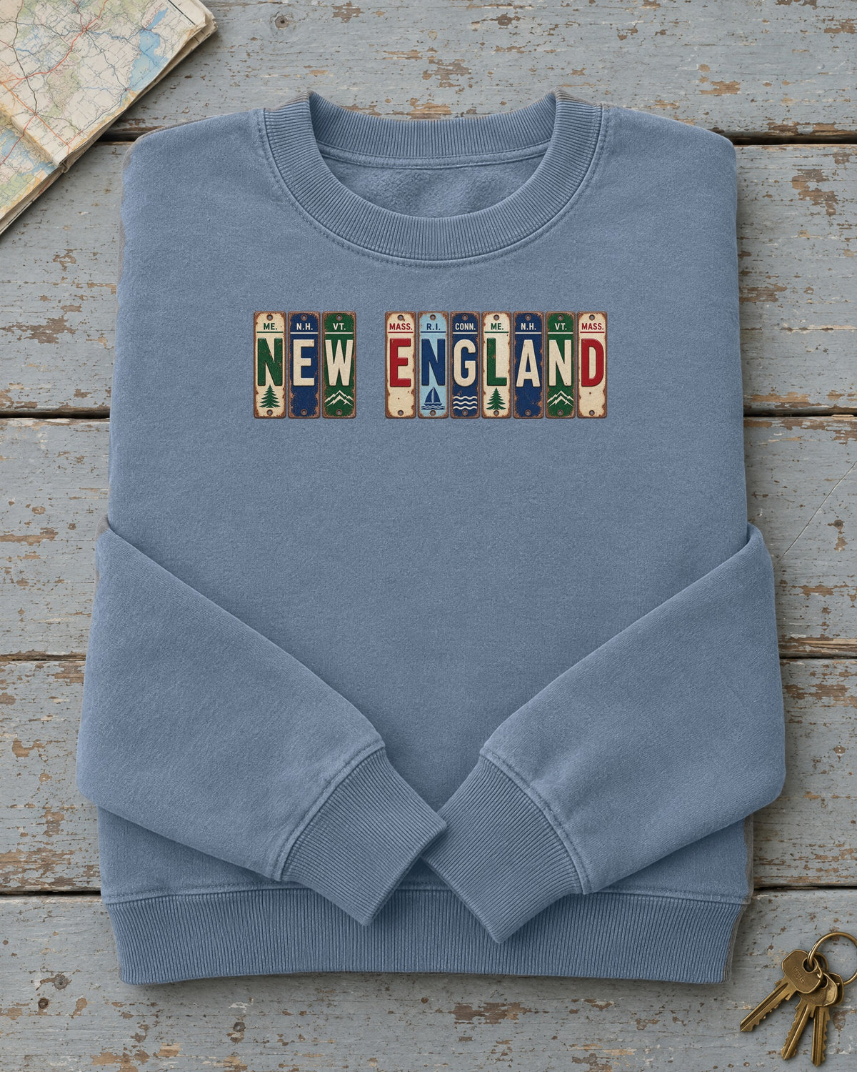 New England vintage license plate sweatshirt in Blue Jean