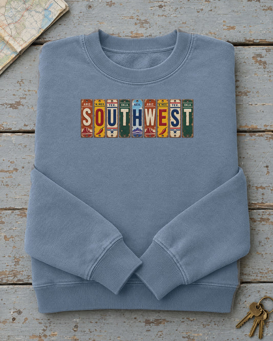 Southwest vintage license plate sweatshirt in Blue Jean